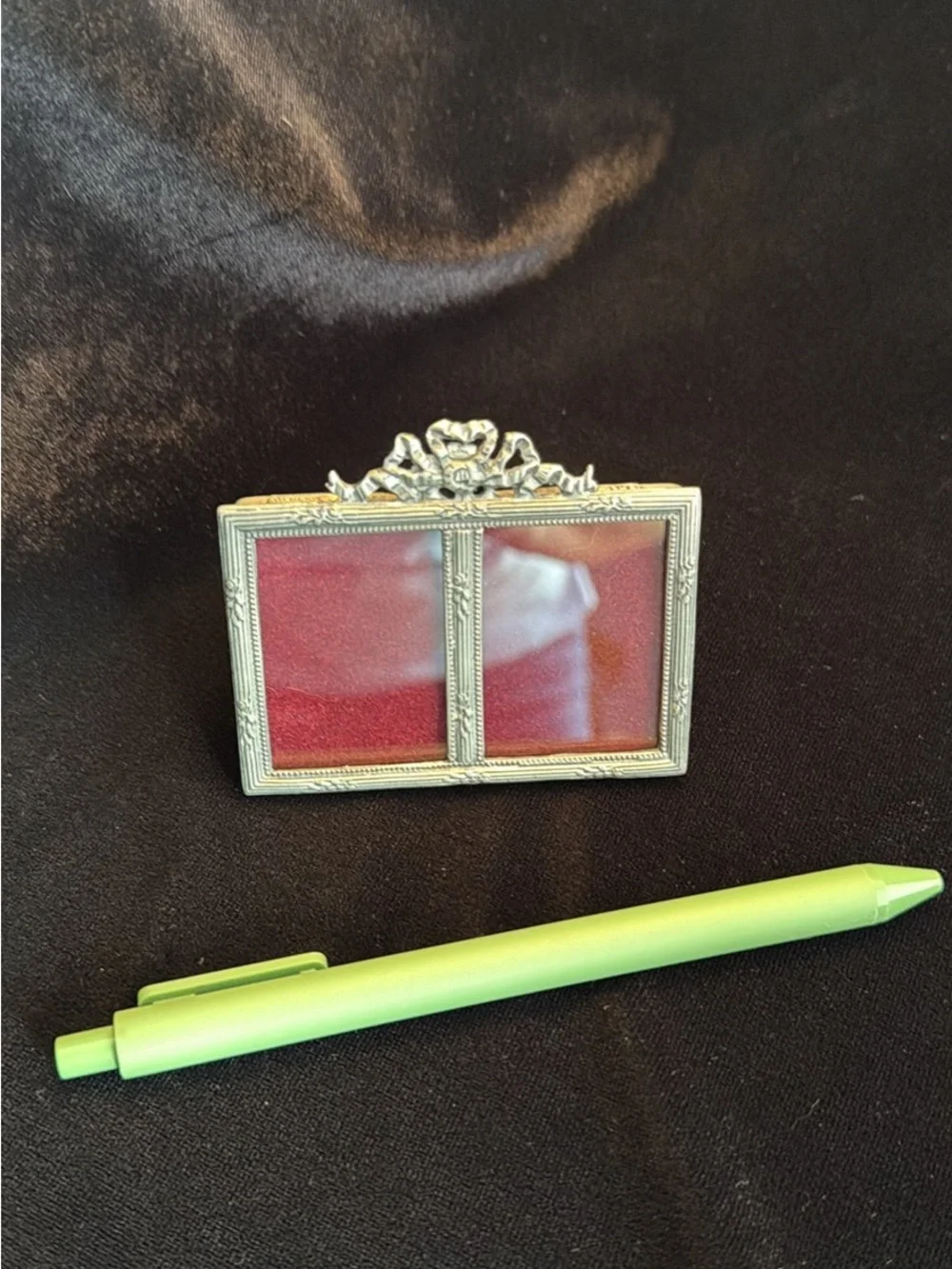 Tiny Vintage Double Picture Frame in Pewter with Red Velvet Insert